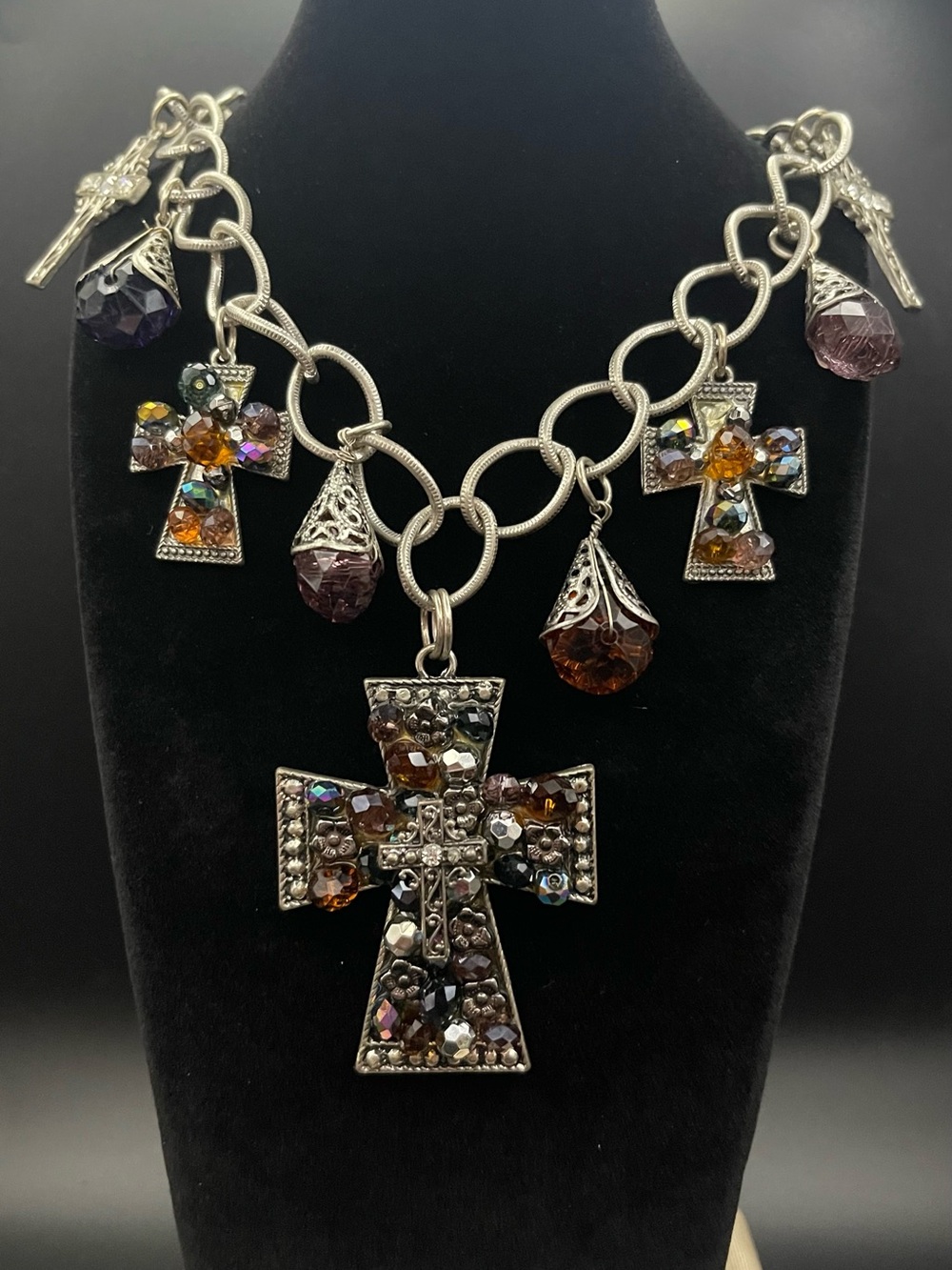 Vintage Premier Designs Style Cross Ststement Necklace Silver multi-crystal bead